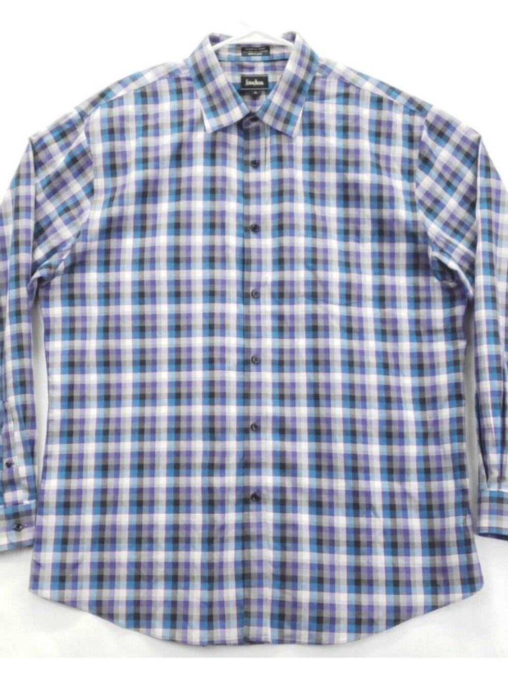 Neiman Marcus Shirt Mens XL Purple Blue Cotton Check Wrinkle Free 80s 2-Ply